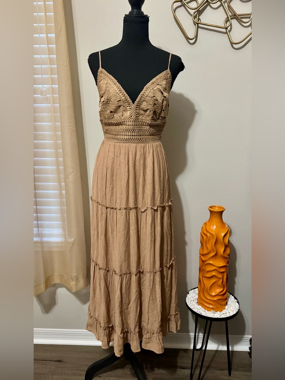 Love Tree Crochet Bodice Maxi Dress in Tan